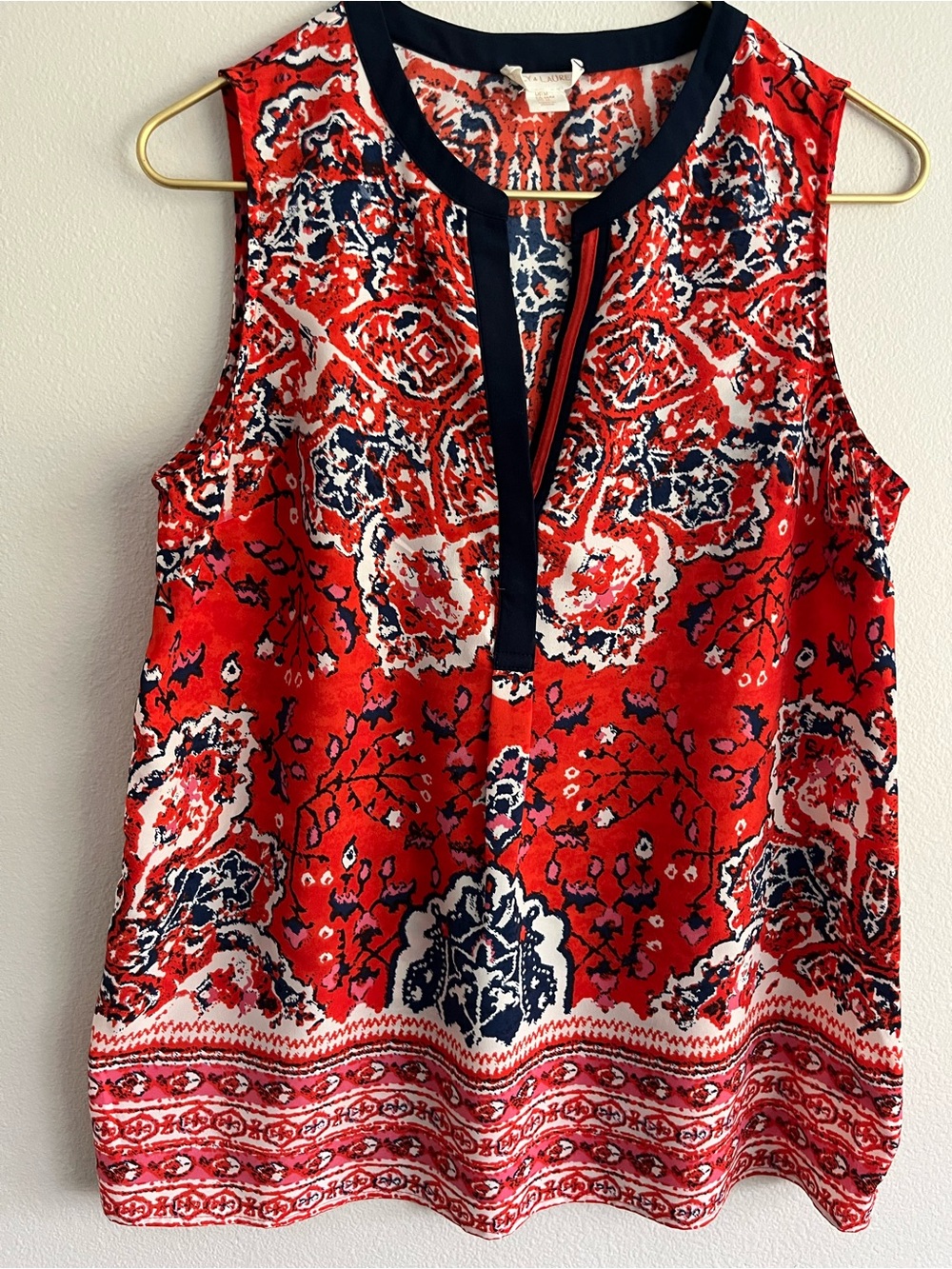 Lucy & Laurel Orange Sleeveless Boho Printed Top with Navy Trim Medium